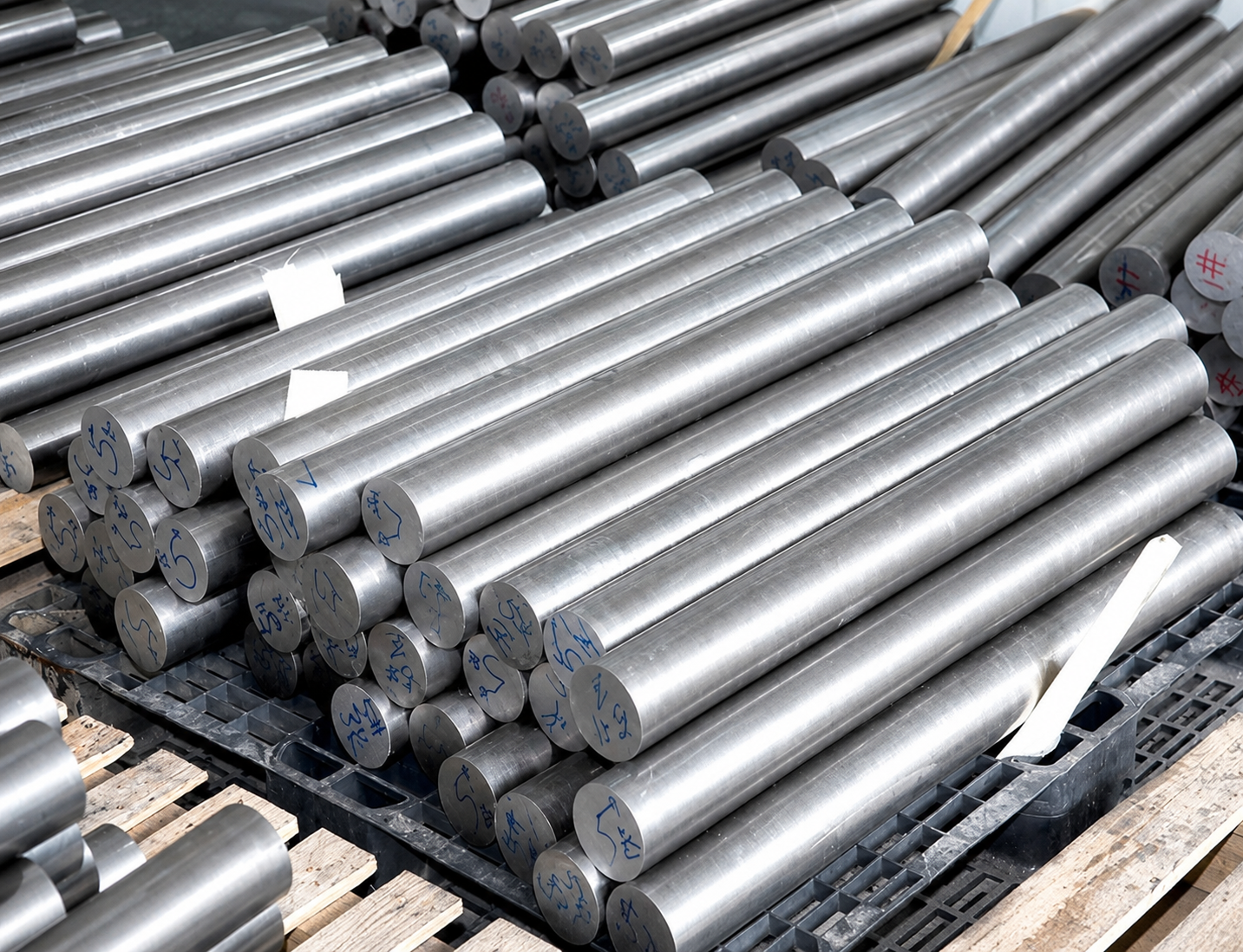 Organized steel stock showing small diameter steel rods